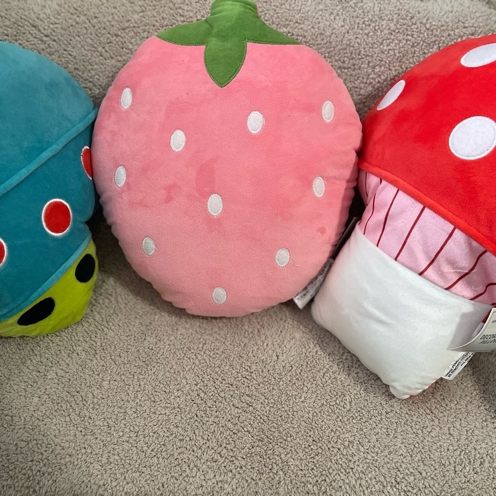 Cute Plush pillow Set - Strawberry, Mushroom, and alien space ship.